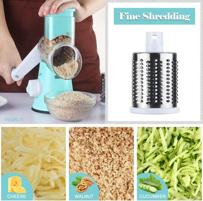 Rotary Cheese Grater Hand Crank, Kitchen Shredder Speed Mandolin Slicer Nuts Grinder with Handle and Drum Blades for Cheese, Vegetable, Walnuts, Chocolate, Potato, Carrot, 3 Blades, White
