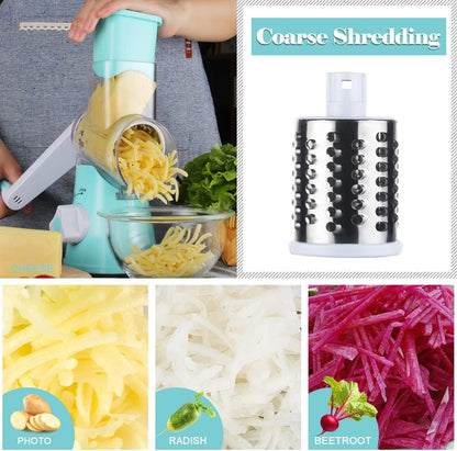 Rotary Cheese Grater Hand Crank, Kitchen Shredder Speed Mandolin Slicer Nuts Grinder with Handle and Drum Blades for Cheese, Vegetable, Walnuts, Chocolate, Potato, Carrot, 3 Blades, White