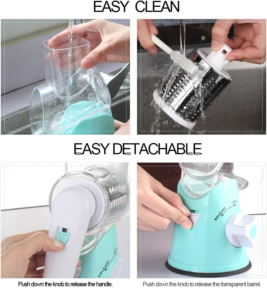 Rotary Cheese Grater Hand Crank, Kitchen Shredder Speed Mandolin Slicer Nuts Grinder with Handle and Drum Blades for Cheese, Vegetable, Walnuts, Chocolate, Potato, Carrot, 3 Blades, White
