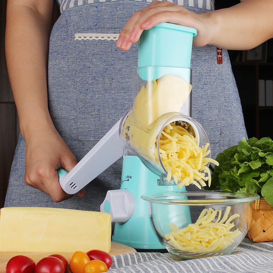 Rotary Cheese Grater Hand Crank, Kitchen Shredder Speed Mandolin Slicer Nuts Grinder with Handle and Drum Blades for Cheese, Vegetable, Walnuts, Chocolate, Potato, Carrot, 3 Blades, White