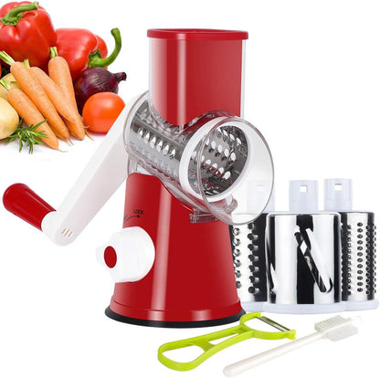 Rotary Cheese Grater Hand Crank, Kitchen Shredder Speed Mandolin Slicer Nuts Grinder with Handle and Drum Blades for Cheese, Vegetable, Walnuts, Chocolate, Potato, Carrot, 3 Blades, White