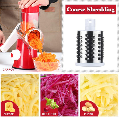 Rotary Cheese Grater Hand Crank, Kitchen Shredder Speed Mandolin Slicer Nuts Grinder with Handle and Drum Blades for Cheese, Vegetable, Walnuts, Chocolate, Potato, Carrot, 3 Blades, White