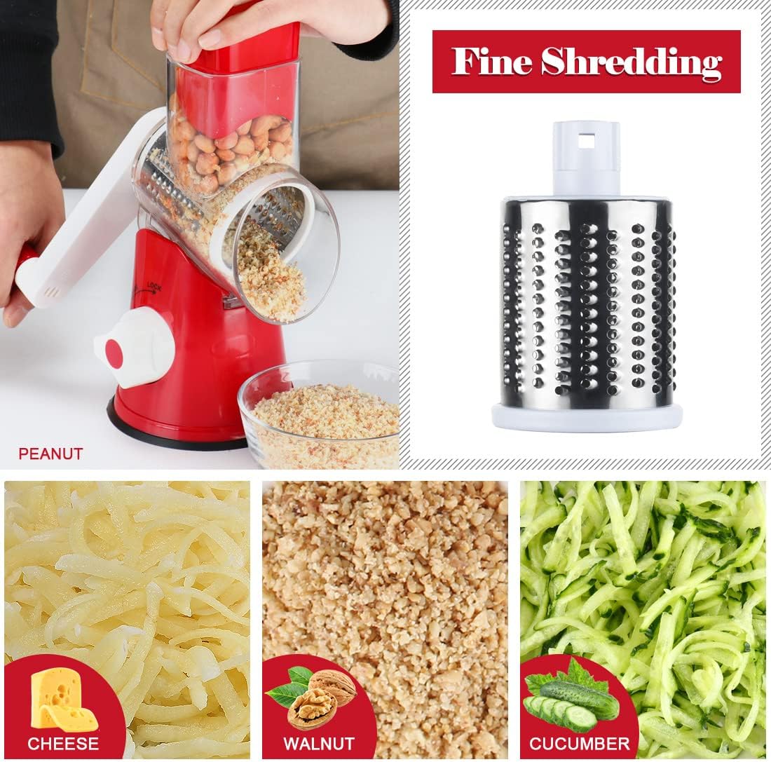 Rotary Cheese Grater Hand Crank, Kitchen Shredder Speed Mandolin Slicer Nuts Grinder with Handle and Drum Blades for Cheese, Vegetable, Walnuts, Chocolate, Potato, Carrot, 3 Blades, White
