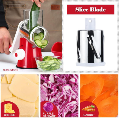 Rotary Cheese Grater Hand Crank, Kitchen Shredder Speed Mandolin Slicer Nuts Grinder with Handle and Drum Blades for Cheese, Vegetable, Walnuts, Chocolate, Potato, Carrot, 3 Blades, White