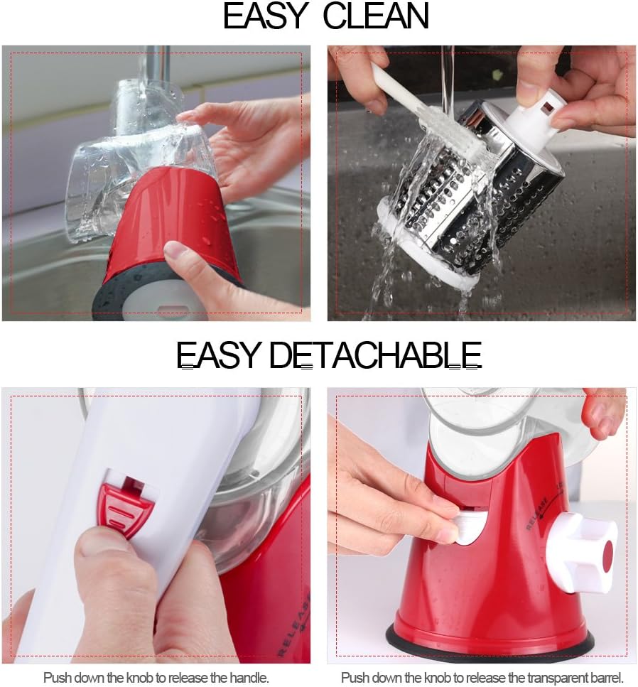 Rotary Cheese Grater Hand Crank, Kitchen Shredder Speed Mandolin Slicer Nuts Grinder with Handle and Drum Blades for Cheese, Vegetable, Walnuts, Chocolate, Potato, Carrot, 3 Blades, White