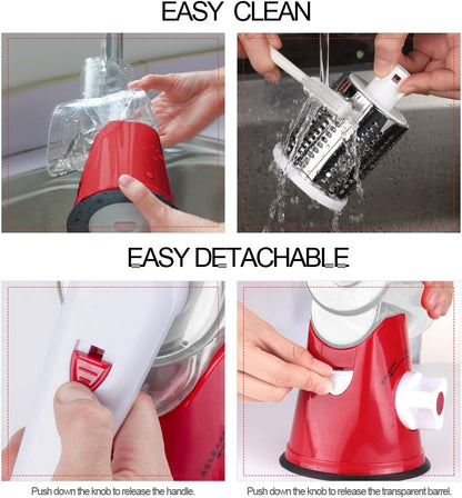 Rotary Cheese Grater Hand Crank, Kitchen Shredder Speed Mandolin Slicer Nuts Grinder with Handle and Drum Blades for Cheese, Vegetable, Walnuts, Chocolate, Potato, Carrot, 3 Blades, White