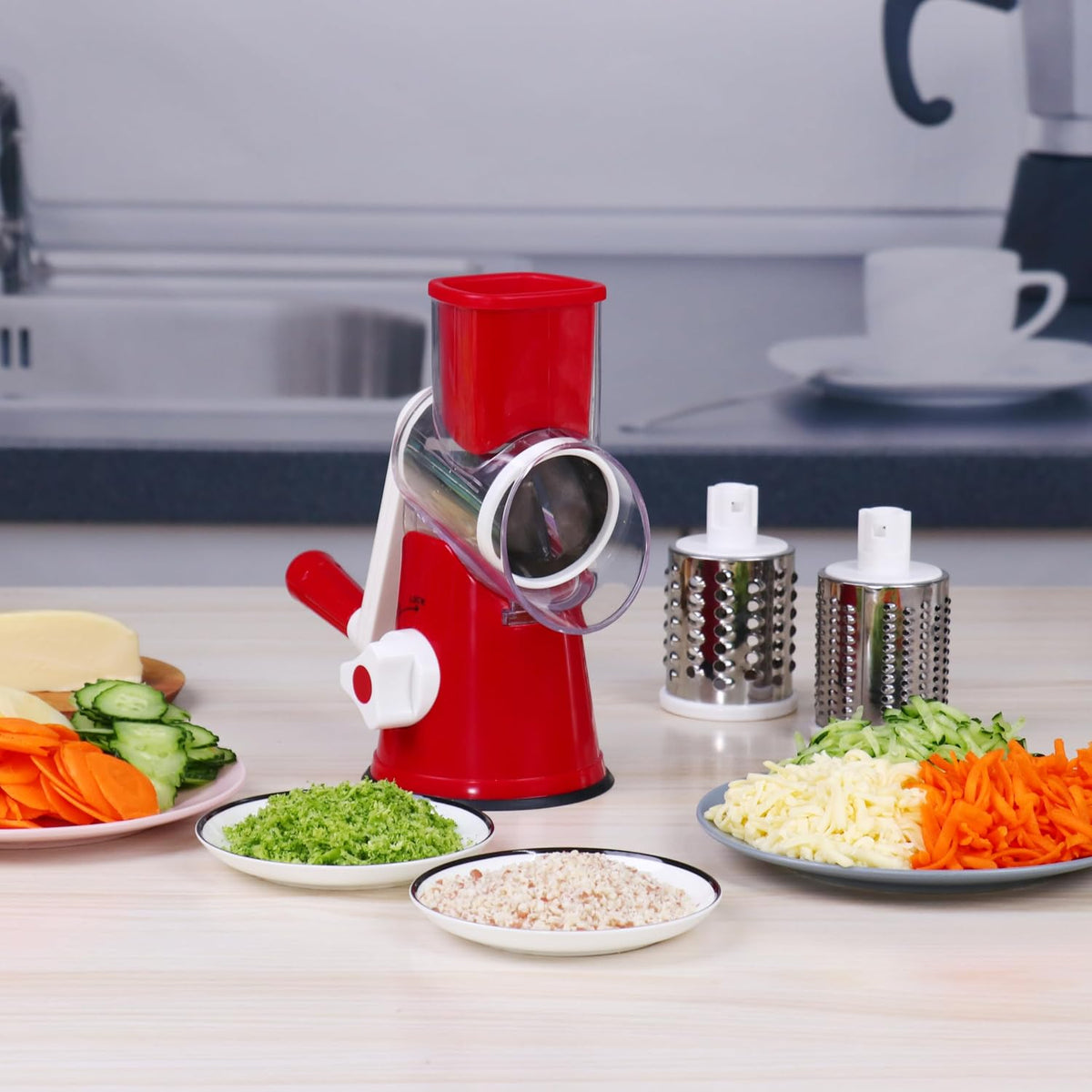 Rotary Cheese Grater Hand Crank, Kitchen Shredder Speed Mandolin Slicer Nuts Grinder with Handle and Drum Blades for Cheese, Vegetable, Walnuts, Chocolate, Potato, Carrot, 3 Blades, White