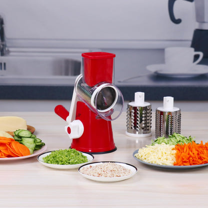 Rotary Cheese Grater Hand Crank, Kitchen Shredder Speed Mandolin Slicer Nuts Grinder with Handle and Drum Blades for Cheese, Vegetable, Walnuts, Chocolate, Potato, Carrot, 3 Blades, White