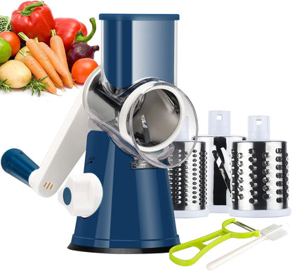 Rotary Cheese Grater Hand Crank, Kitchen Shredder Speed Mandolin Slicer Nuts Grinder with Handle and Drum Blades for Cheese, Vegetable, Walnuts, Chocolate, Potato, Carrot, 3 Blades, White