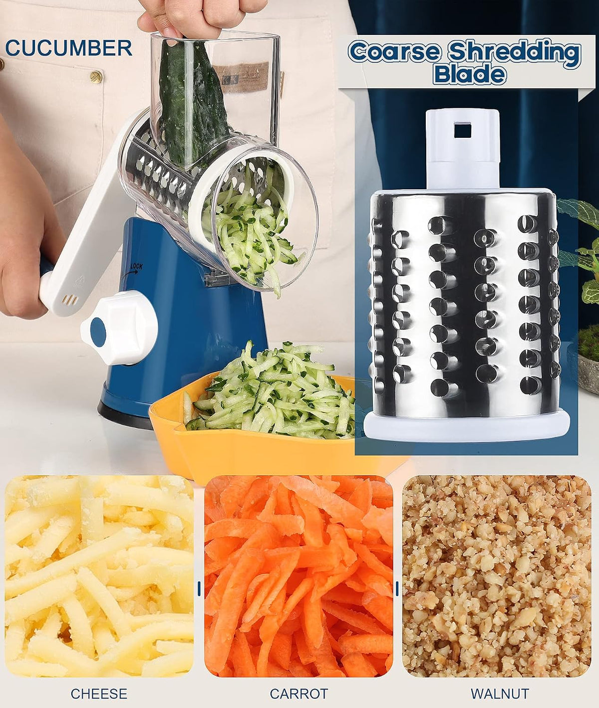 Rotary Cheese Grater Hand Crank, Kitchen Shredder Speed Mandolin Slicer Nuts Grinder with Handle and Drum Blades for Cheese, Vegetable, Walnuts, Chocolate, Potato, Carrot, 3 Blades, White