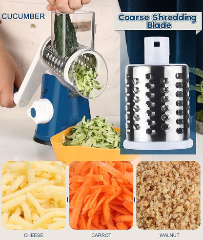 Rotary Cheese Grater Hand Crank, Kitchen Shredder Speed Mandolin Slicer Nuts Grinder with Handle and Drum Blades for Cheese, Vegetable, Walnuts, Chocolate, Potato, Carrot, 3 Blades, White