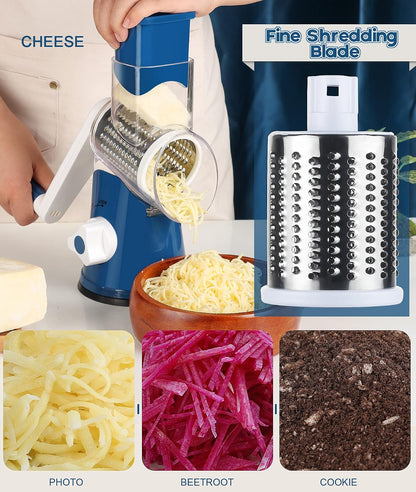 Rotary Cheese Grater Hand Crank, Kitchen Shredder Speed Mandolin Slicer Nuts Grinder with Handle and Drum Blades for Cheese, Vegetable, Walnuts, Chocolate, Potato, Carrot, 3 Blades, White