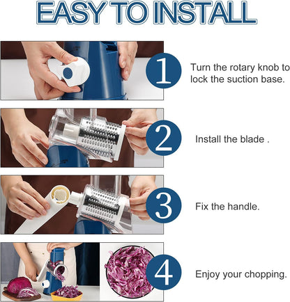 Rotary Cheese Grater Hand Crank, Kitchen Shredder Speed Mandolin Slicer Nuts Grinder with Handle and Drum Blades for Cheese, Vegetable, Walnuts, Chocolate, Potato, Carrot, 3 Blades, White