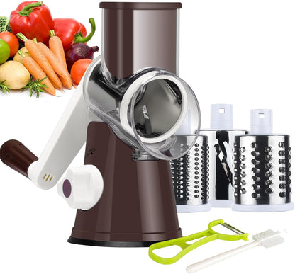 Rotary Cheese Grater Hand Crank, Kitchen Shredder Speed Mandolin Slicer Nuts Grinder with Handle and Drum Blades for Cheese, Vegetable, Walnuts, Chocolate, Potato, Carrot, 3 Blades, White
