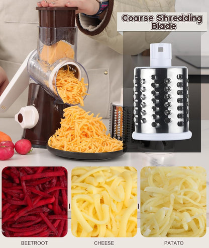 Rotary Cheese Grater Hand Crank, Kitchen Shredder Speed Mandolin Slicer Nuts Grinder with Handle and Drum Blades for Cheese, Vegetable, Walnuts, Chocolate, Potato, Carrot, 3 Blades, White