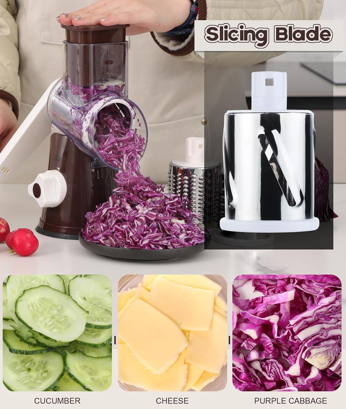 Rotary Cheese Grater Hand Crank, Kitchen Shredder Speed Mandolin Slicer Nuts Grinder with Handle and Drum Blades for Cheese, Vegetable, Walnuts, Chocolate, Potato, Carrot, 3 Blades, White