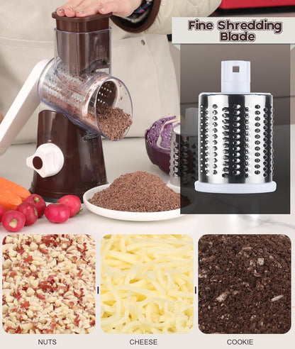 Rotary Cheese Grater Hand Crank, Kitchen Shredder Speed Mandolin Slicer Nuts Grinder with Handle and Drum Blades for Cheese, Vegetable, Walnuts, Chocolate, Potato, Carrot, 3 Blades, White