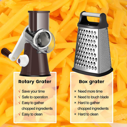 Rotary Cheese Grater Hand Crank, Kitchen Shredder Speed Mandolin Slicer Nuts Grinder with Handle and Drum Blades for Cheese, Vegetable, Walnuts, Chocolate, Potato, Carrot, 3 Blades, White