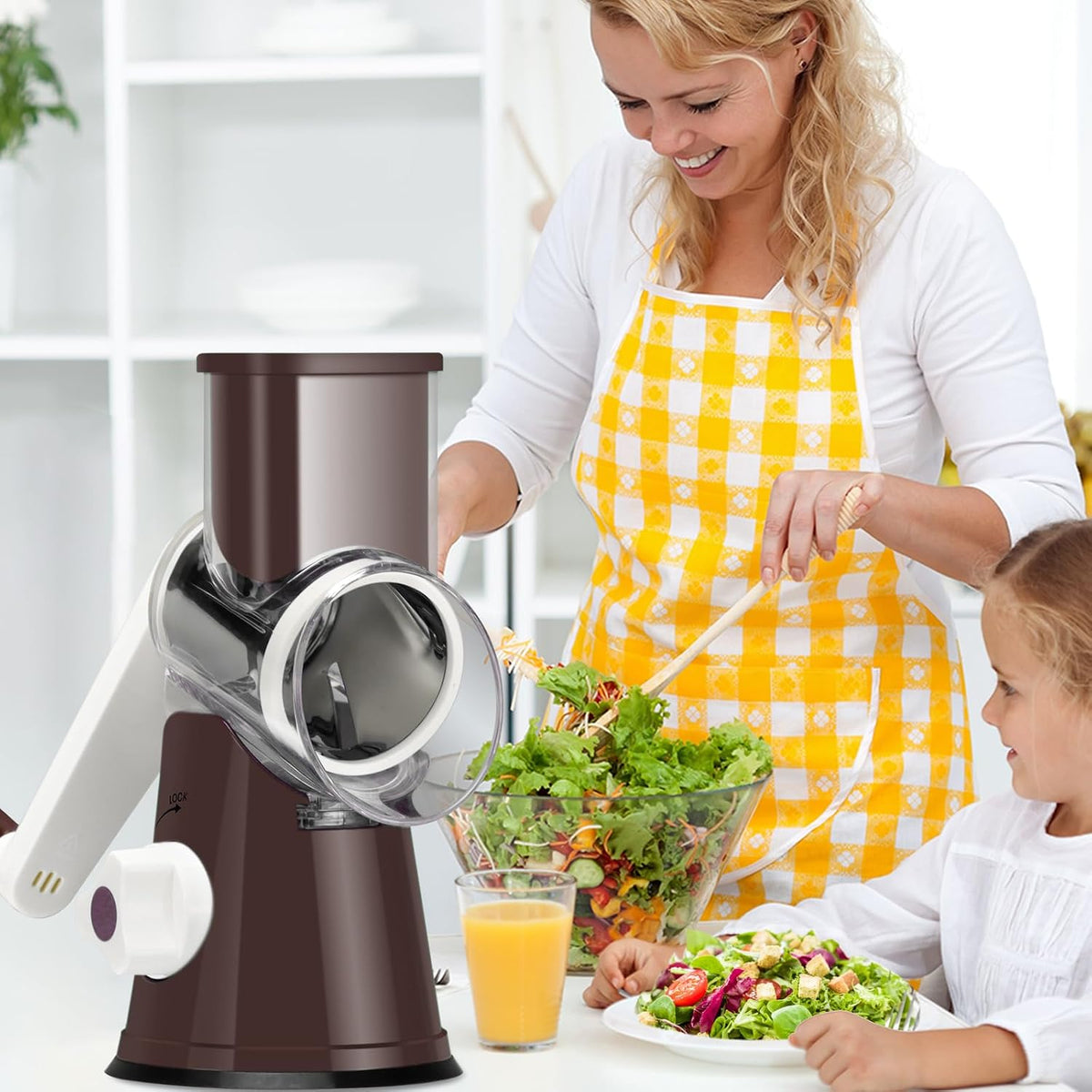Rotary Cheese Grater Hand Crank, Kitchen Shredder Speed Mandolin Slicer Nuts Grinder with Handle and Drum Blades for Cheese, Vegetable, Walnuts, Chocolate, Potato, Carrot, 3 Blades, White