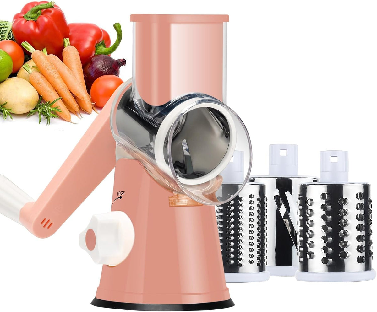 Rotary Cheese Grater Hand Crank, Kitchen Shredder Speed Mandolin Slicer Nuts Grinder with Handle and Drum Blades for Cheese, Vegetable, Walnuts, Chocolate, Potato, Carrot, 3 Blades, White