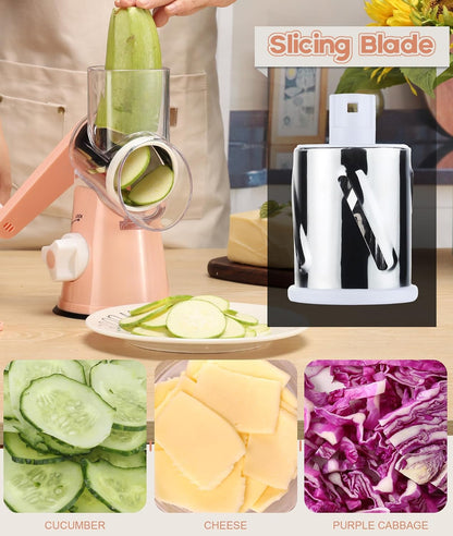 Rotary Cheese Grater Hand Crank, Kitchen Shredder Speed Mandolin Slicer Nuts Grinder with Handle and Drum Blades for Cheese, Vegetable, Walnuts, Chocolate, Potato, Carrot, 3 Blades, White