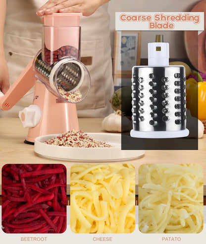 Rotary Cheese Grater Hand Crank, Kitchen Shredder Speed Mandolin Slicer Nuts Grinder with Handle and Drum Blades for Cheese, Vegetable, Walnuts, Chocolate, Potato, Carrot, 3 Blades, White