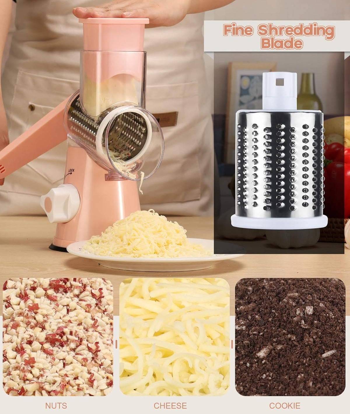 Rotary Cheese Grater Hand Crank, Kitchen Shredder Speed Mandolin Slicer Nuts Grinder with Handle and Drum Blades for Cheese, Vegetable, Walnuts, Chocolate, Potato, Carrot, 3 Blades, White