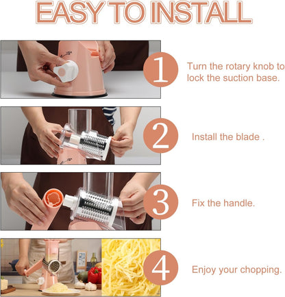 Rotary Cheese Grater Hand Crank, Kitchen Shredder Speed Mandolin Slicer Nuts Grinder with Handle and Drum Blades for Cheese, Vegetable, Walnuts, Chocolate, Potato, Carrot, 3 Blades, White