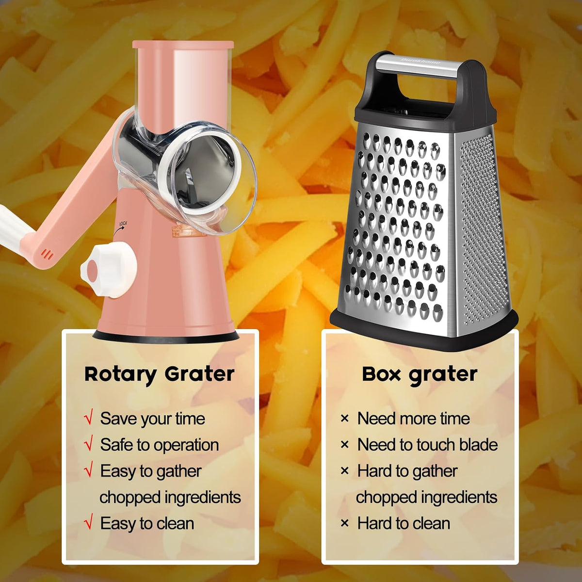 Rotary Cheese Grater Hand Crank, Kitchen Shredder Speed Mandolin Slicer Nuts Grinder with Handle and Drum Blades for Cheese, Vegetable, Walnuts, Chocolate, Potato, Carrot, 3 Blades, White
