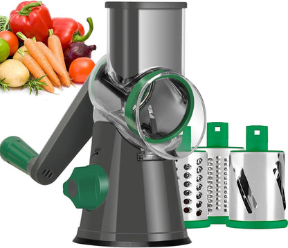 Rotary Cheese Grater Hand Crank, Kitchen Shredder Speed Mandolin Slicer Nuts Grinder with Handle and Drum Blades for Cheese, Vegetable, Walnuts, Chocolate, Potato, Carrot, 3 Blades, White