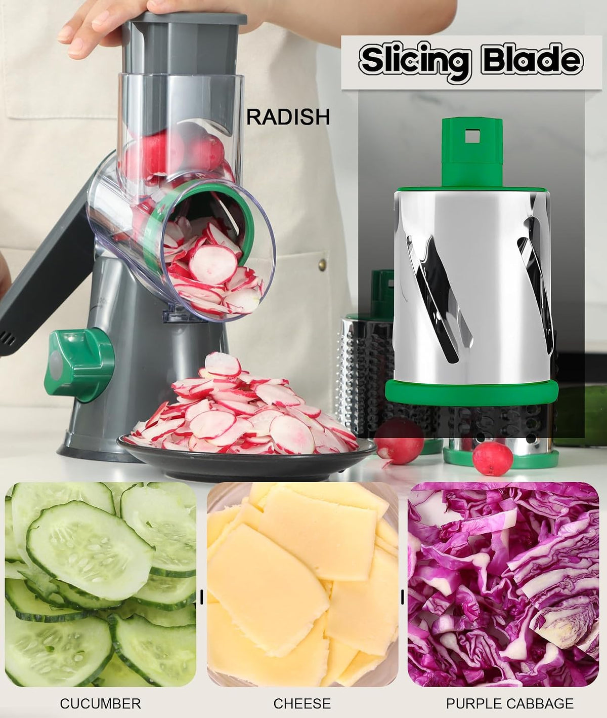 Rotary Cheese Grater Hand Crank, Kitchen Shredder Speed Mandolin Slicer Nuts Grinder with Handle and Drum Blades for Cheese, Vegetable, Walnuts, Chocolate, Potato, Carrot, 3 Blades, White