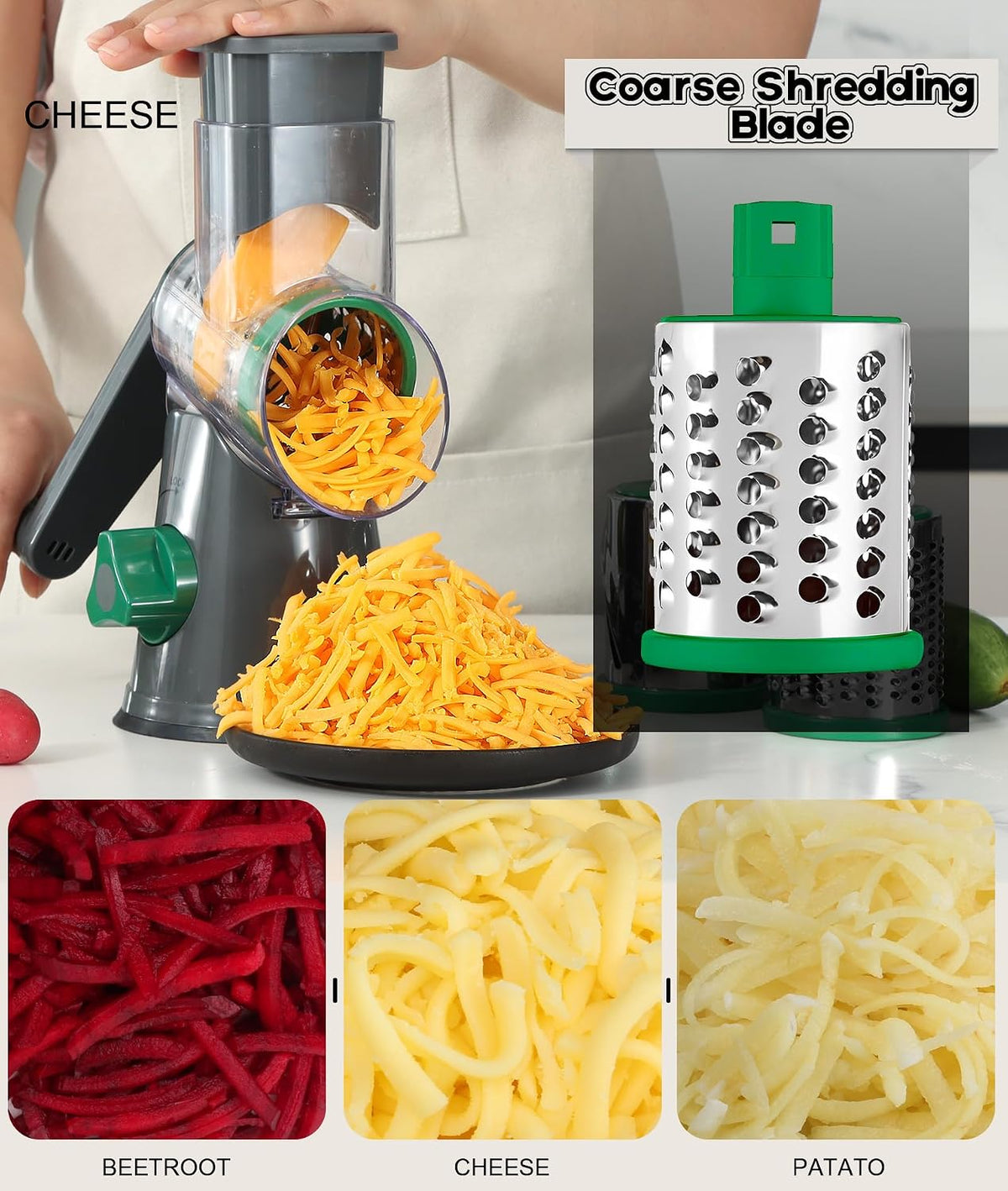 Rotary Cheese Grater Hand Crank, Kitchen Shredder Speed Mandolin Slicer Nuts Grinder with Handle and Drum Blades for Cheese, Vegetable, Walnuts, Chocolate, Potato, Carrot, 3 Blades, White