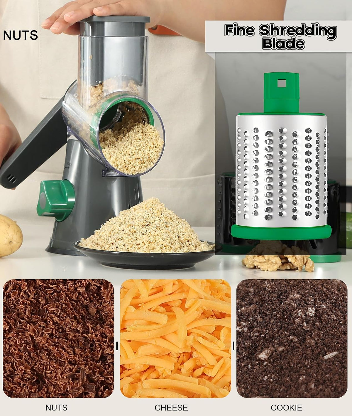 Rotary Cheese Grater Hand Crank, Kitchen Shredder Speed Mandolin Slicer Nuts Grinder with Handle and Drum Blades for Cheese, Vegetable, Walnuts, Chocolate, Potato, Carrot, 3 Blades, White