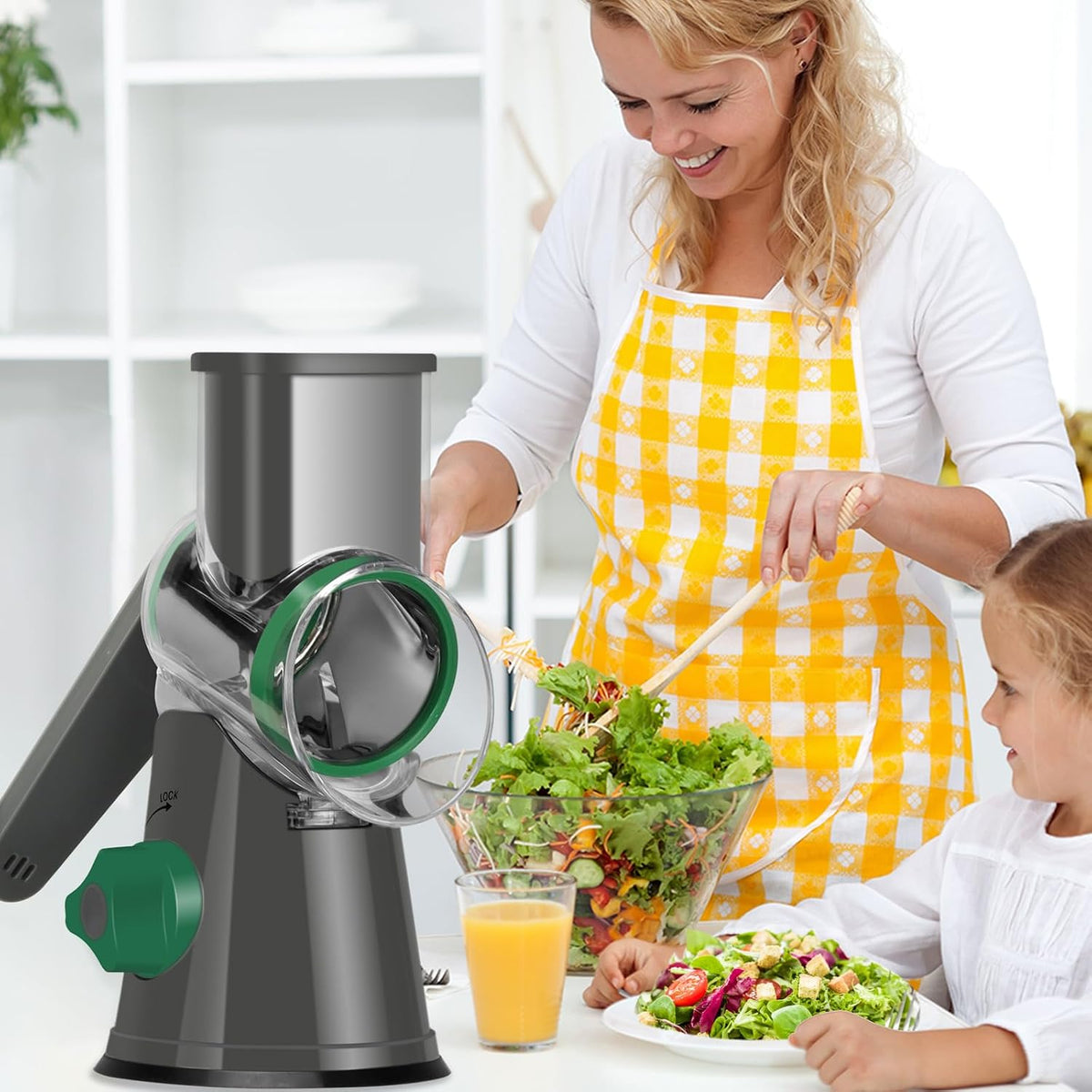 Rotary Cheese Grater Hand Crank, Kitchen Shredder Speed Mandolin Slicer Nuts Grinder with Handle and Drum Blades for Cheese, Vegetable, Walnuts, Chocolate, Potato, Carrot, 3 Blades, White