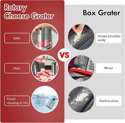 Rotary Cheese Grater Hand Crank, Kitchen Shredder Speed Mandolin Slicer Nuts Grinder with Handle and Drum Blades for Cheese, Vegetable, Walnuts, Chocolate, Potato, Carrot, 3 Blades, White