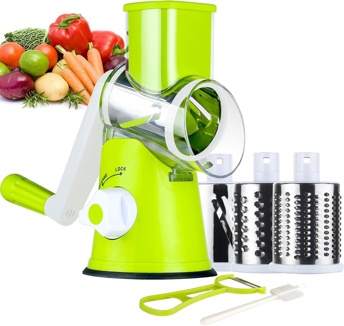 Rotary Cheese Grater Hand Crank, Kitchen Shredder Speed Mandolin Slicer Nuts Grinder with Handle and Drum Blades for Cheese, Vegetable, Walnuts, Chocolate, Potato, Carrot, 3 Blades, White