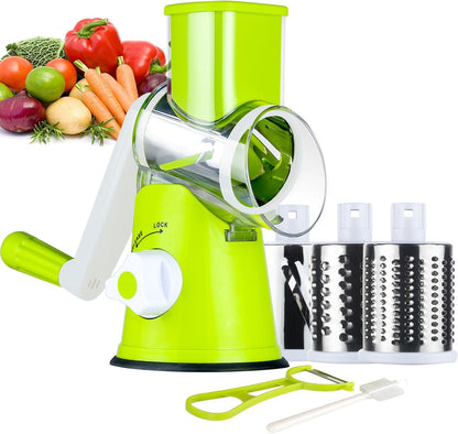 Rotary Cheese Grater Hand Crank, Kitchen Shredder Speed Mandolin Slicer Nuts Grinder with Handle and Drum Blades for Cheese, Vegetable, Walnuts, Chocolate, Potato, Carrot, 3 Blades, White