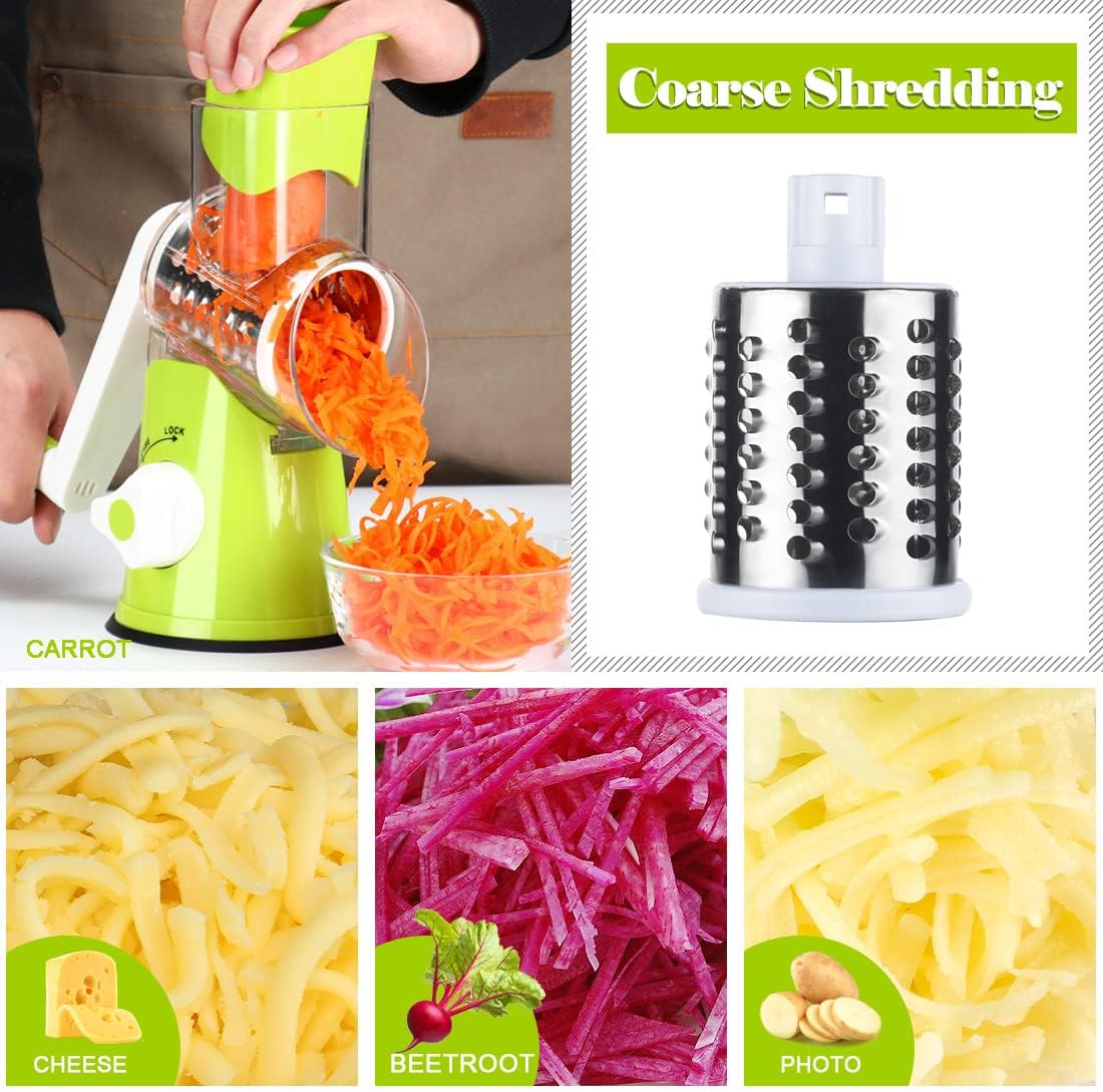 Rotary Cheese Grater Hand Crank, Kitchen Shredder Speed Mandolin Slicer Nuts Grinder with Handle and Drum Blades for Cheese, Vegetable, Walnuts, Chocolate, Potato, Carrot, 3 Blades, White