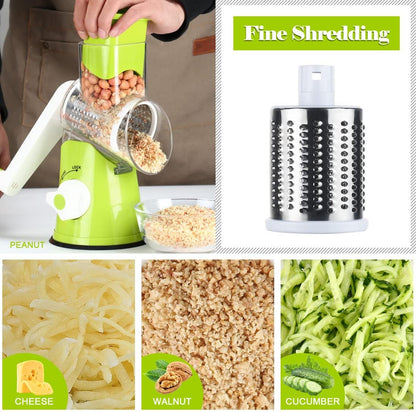 Rotary Cheese Grater Hand Crank, Kitchen Shredder Speed Mandolin Slicer Nuts Grinder with Handle and Drum Blades for Cheese, Vegetable, Walnuts, Chocolate, Potato, Carrot, 3 Blades, White