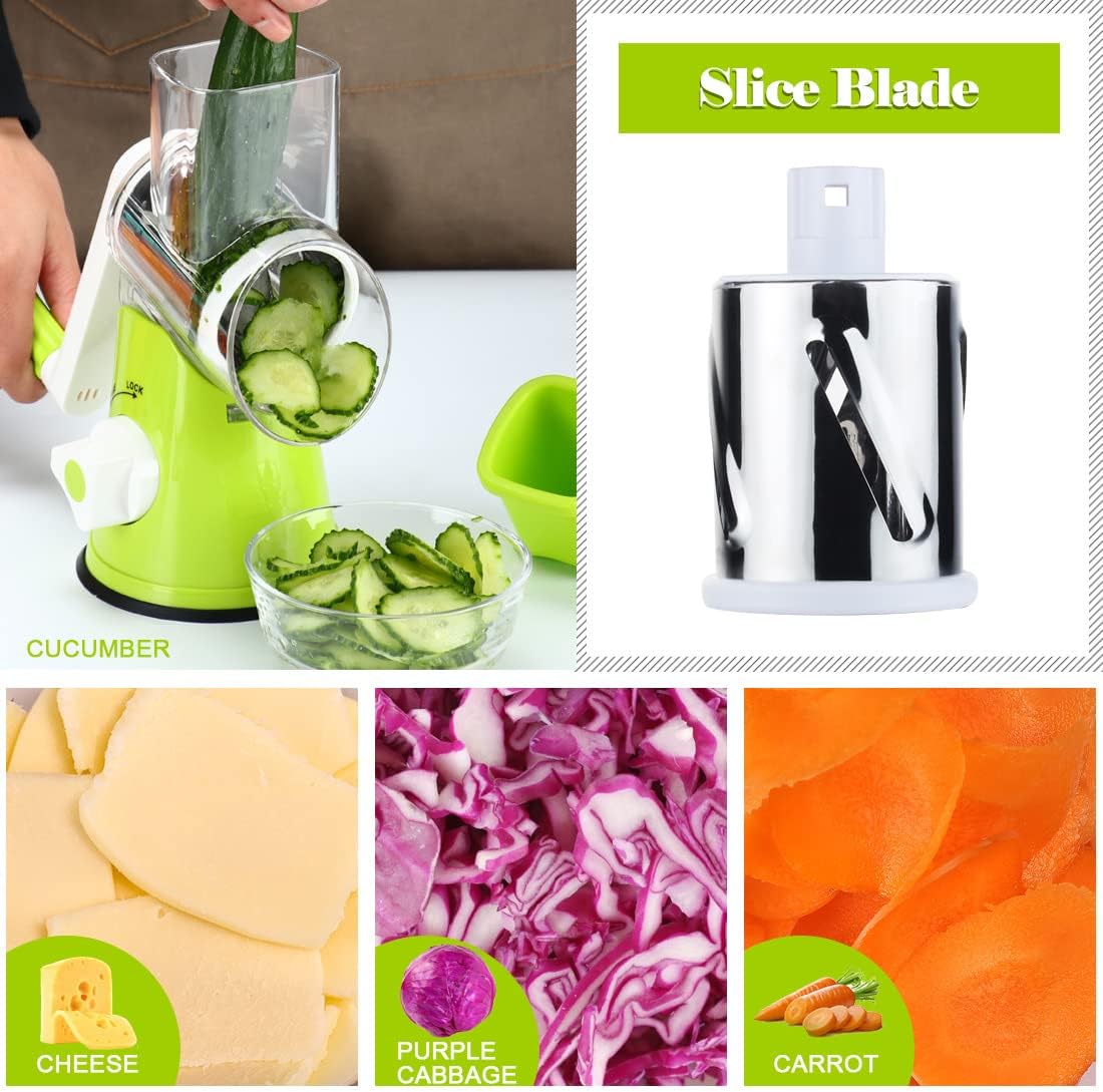 Rotary Cheese Grater Hand Crank, Kitchen Shredder Speed Mandolin Slicer Nuts Grinder with Handle and Drum Blades for Cheese, Vegetable, Walnuts, Chocolate, Potato, Carrot, 3 Blades, White