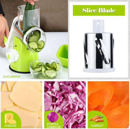 Rotary Cheese Grater Hand Crank, Kitchen Shredder Speed Mandolin Slicer Nuts Grinder with Handle and Drum Blades for Cheese, Vegetable, Walnuts, Chocolate, Potato, Carrot, 3 Blades, White