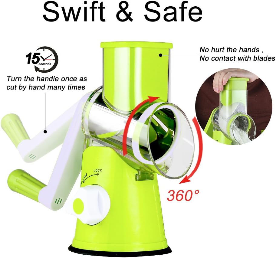 Rotary Cheese Grater Hand Crank, Kitchen Shredder Speed Mandolin Slicer Nuts Grinder with Handle and Drum Blades for Cheese, Vegetable, Walnuts, Chocolate, Potato, Carrot, 3 Blades, White