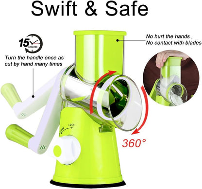 Rotary Cheese Grater Hand Crank, Kitchen Shredder Speed Mandolin Slicer Nuts Grinder with Handle and Drum Blades for Cheese, Vegetable, Walnuts, Chocolate, Potato, Carrot, 3 Blades, White