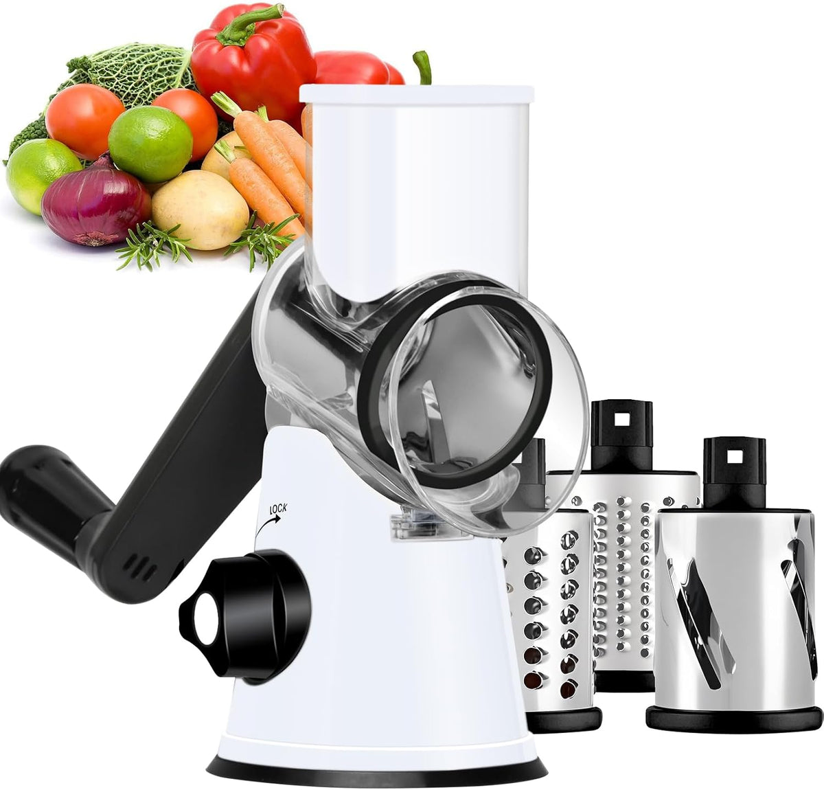 Rotary Cheese Grater Hand Crank, Kitchen Shredder Speed Mandolin Slicer Nuts Grinder with Handle and Drum Blades for Cheese, Vegetable, Walnuts, Chocolate, Potato, Carrot, 3 Blades, White