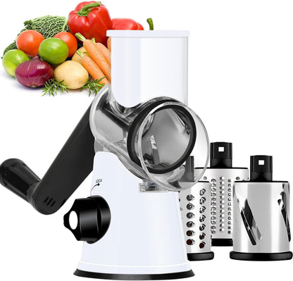Rotary Cheese Grater Hand Crank, Kitchen Shredder Speed Mandolin Slicer Nuts Grinder with Handle and Drum Blades for Cheese, Vegetable, Walnuts, Chocolate, Potato, Carrot, 3 Blades, White