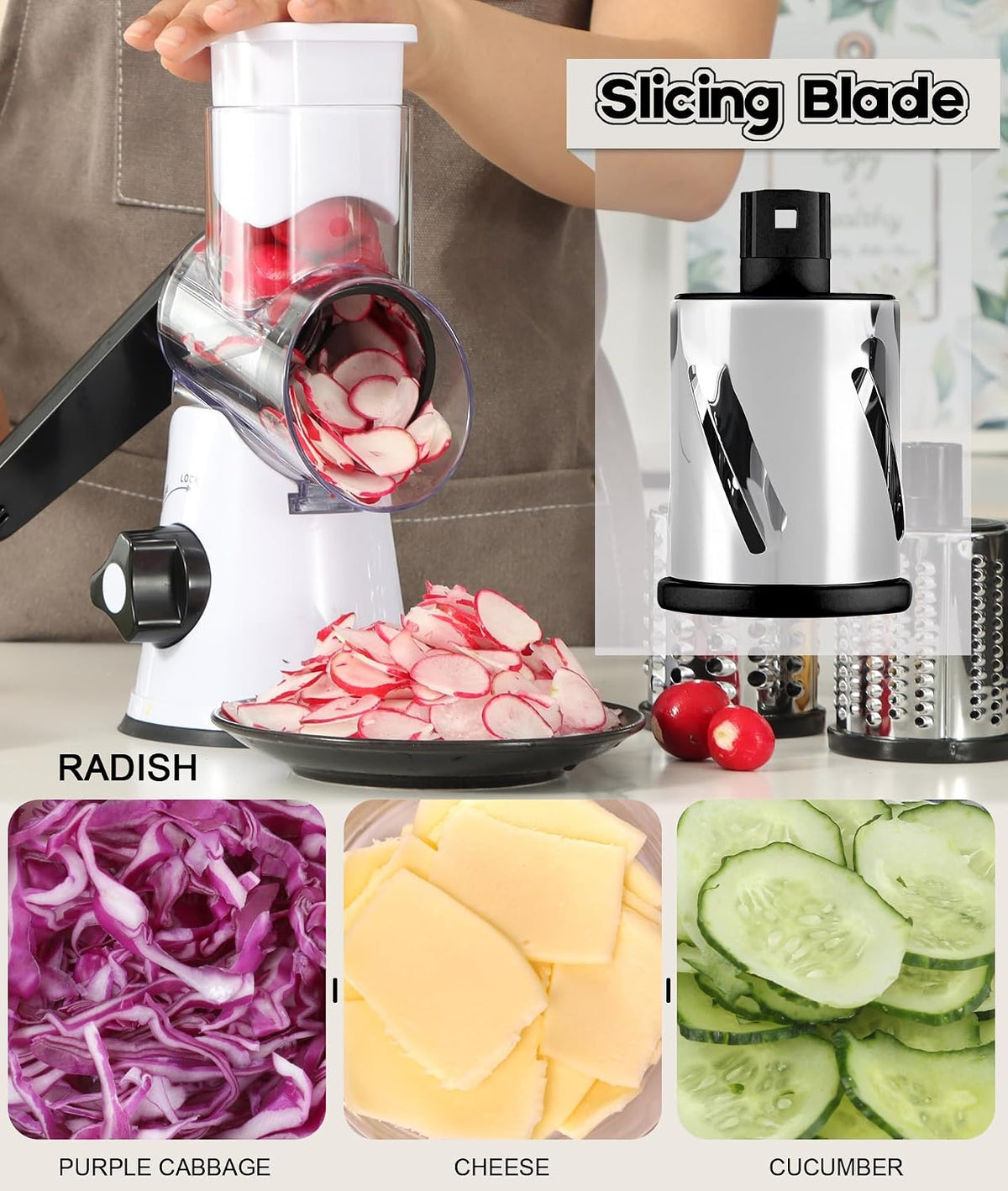Rotary Cheese Grater Hand Crank, Kitchen Shredder Speed Mandolin Slicer Nuts Grinder with Handle and Drum Blades for Cheese, Vegetable, Walnuts, Chocolate, Potato, Carrot, 3 Blades, White