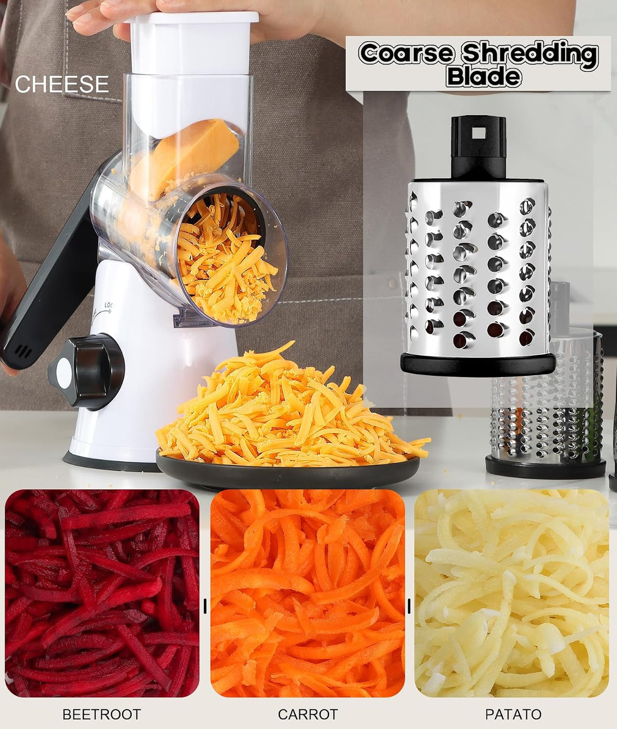 Rotary Cheese Grater Hand Crank, Kitchen Shredder Speed Mandolin Slicer Nuts Grinder with Handle and Drum Blades for Cheese, Vegetable, Walnuts, Chocolate, Potato, Carrot, 3 Blades, White