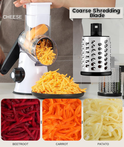 Rotary Cheese Grater Hand Crank, Kitchen Shredder Speed Mandolin Slicer Nuts Grinder with Handle and Drum Blades for Cheese, Vegetable, Walnuts, Chocolate, Potato, Carrot, 3 Blades, White