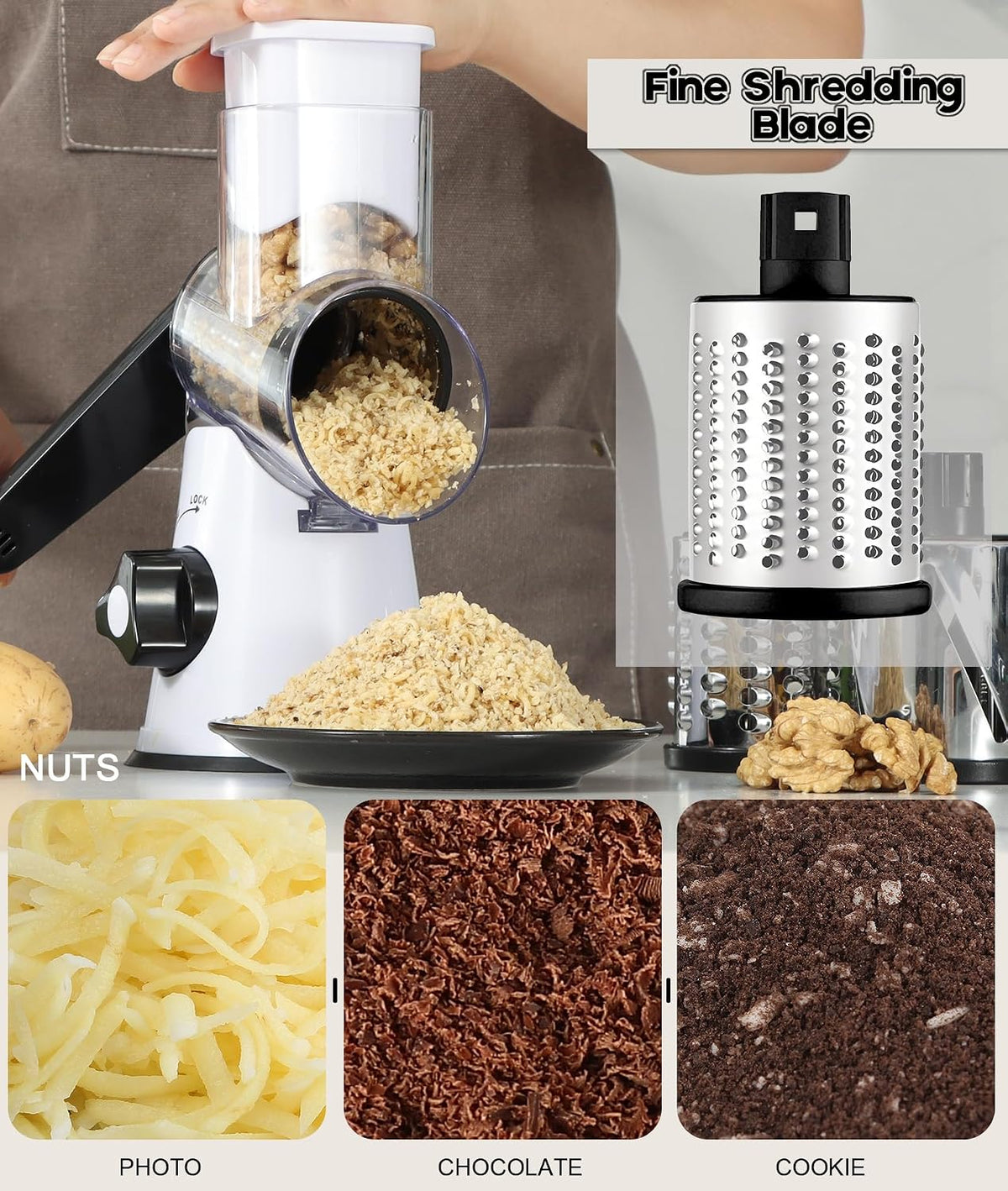 Rotary Cheese Grater Hand Crank, Kitchen Shredder Speed Mandolin Slicer Nuts Grinder with Handle and Drum Blades for Cheese, Vegetable, Walnuts, Chocolate, Potato, Carrot, 3 Blades, White