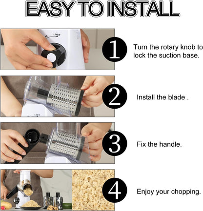 Rotary Cheese Grater Hand Crank, Kitchen Shredder Speed Mandolin Slicer Nuts Grinder with Handle and Drum Blades for Cheese, Vegetable, Walnuts, Chocolate, Potato, Carrot, 3 Blades, White